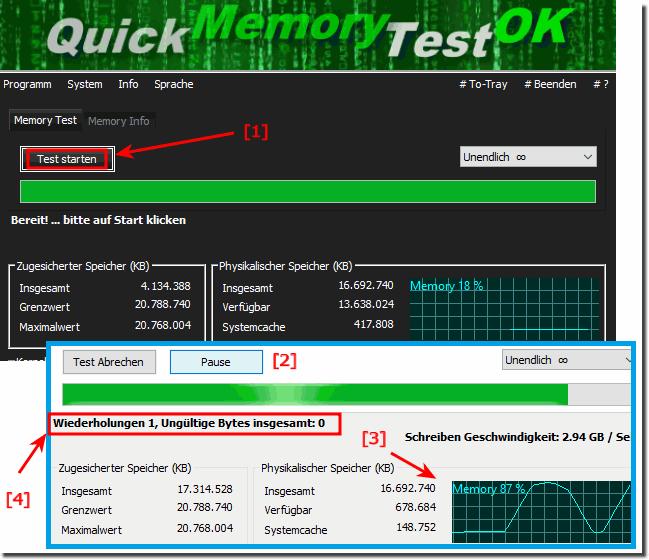 Der schnelle Arbeitsspeicher-Test mitQuick-Memory-Test-OK!
